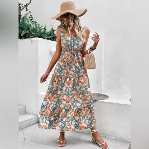 Floral print green orange button v neck waist tie tiered maxi dress