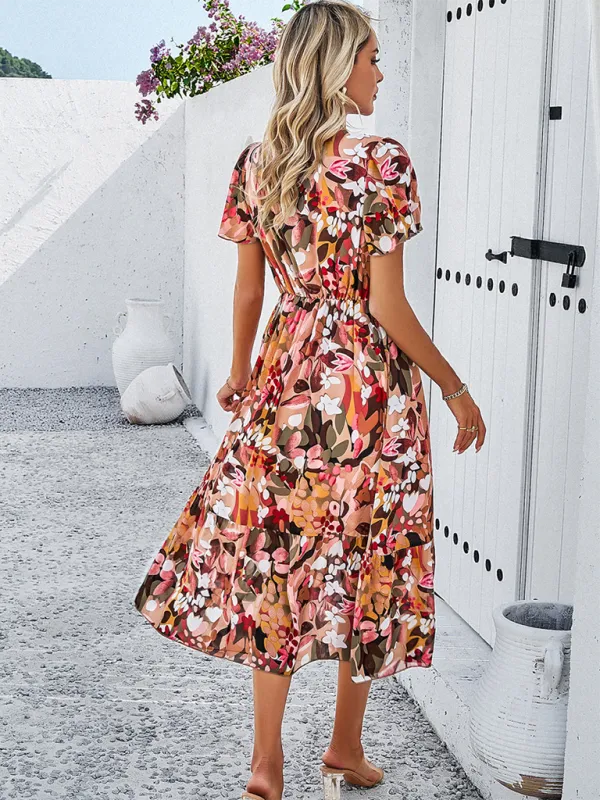 Floral Print Midi Dress with V-Neck and Tiered Skirt