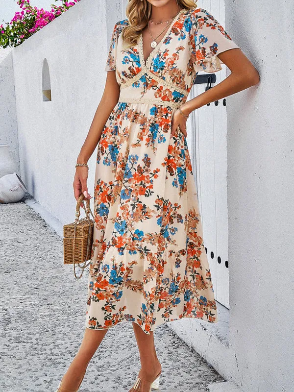 Floral Print Midi Dress with V-Neck and Tiered Skirt