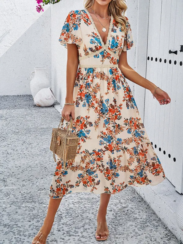 Floral Print Midi Dress with V-Neck and Tiered Skirt