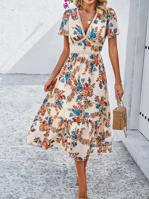 Floral Print Midi Dress with V-Neck and Tiered Skirt