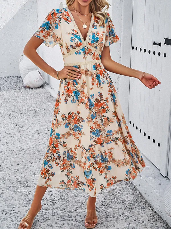 Floral Print Midi Dress with V-Neck and Tiered Skirt