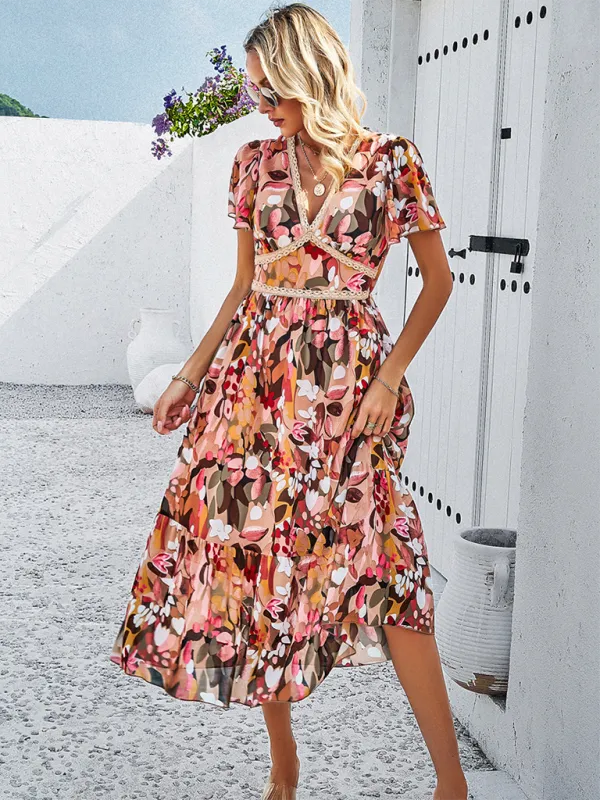 Floral Print Midi Dress with V-Neck and Tiered Skirt