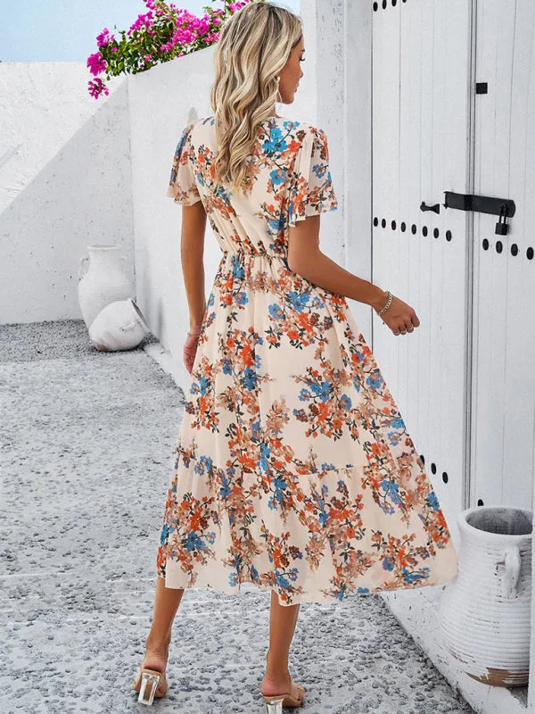Floral Print Midi Dress with V-Neck and Tiered Skirt