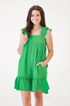 Flowy and Free Ruffled Linen Dress in Kelly Green