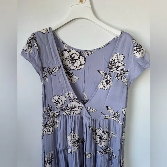 Free People Rita Tiered Midi Dress Purple Floral Print Scoop Open Back Size L