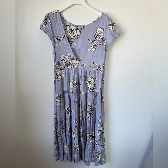 Free People Rita Tiered Midi Dress Purple Floral Print Scoop Open Back Size L