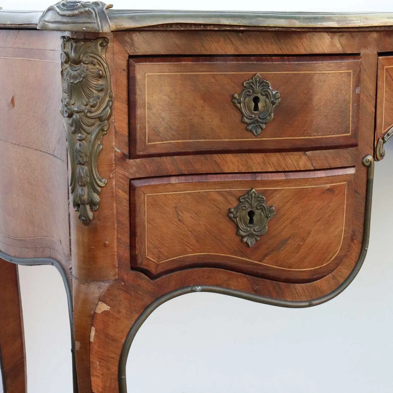 French Louis XV Style Ormolu Mounted Walnut Parquetry Writing Desk (Bureau Plat)
