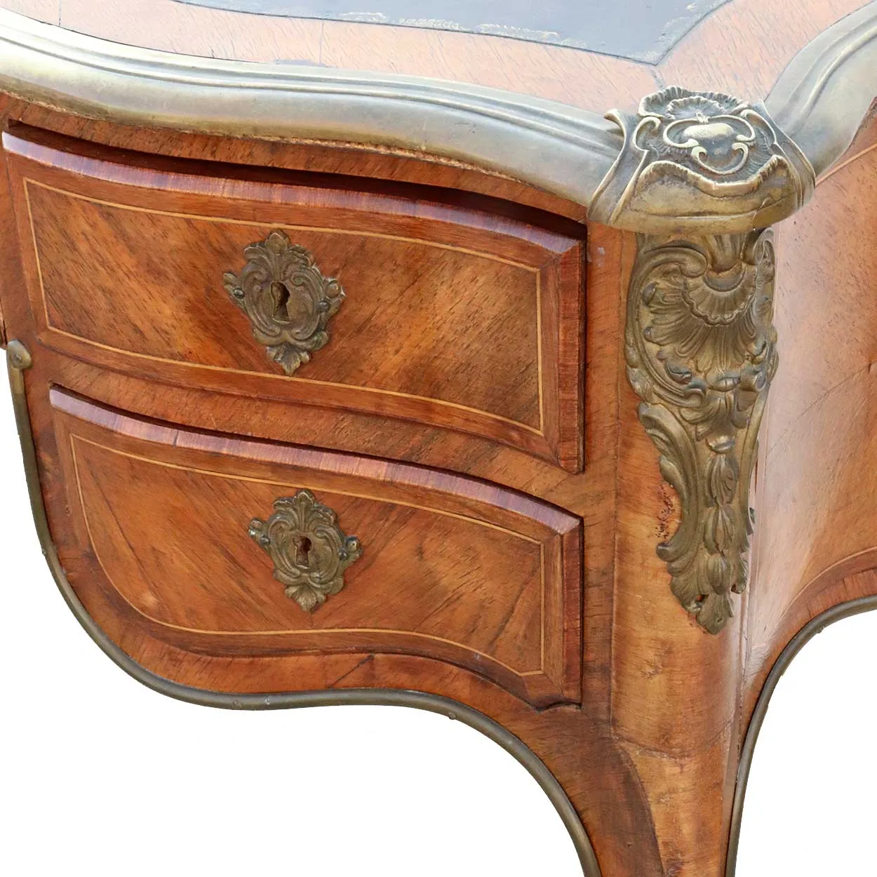 French Louis XV Style Ormolu Mounted Walnut Parquetry Writing Desk (Bureau Plat)