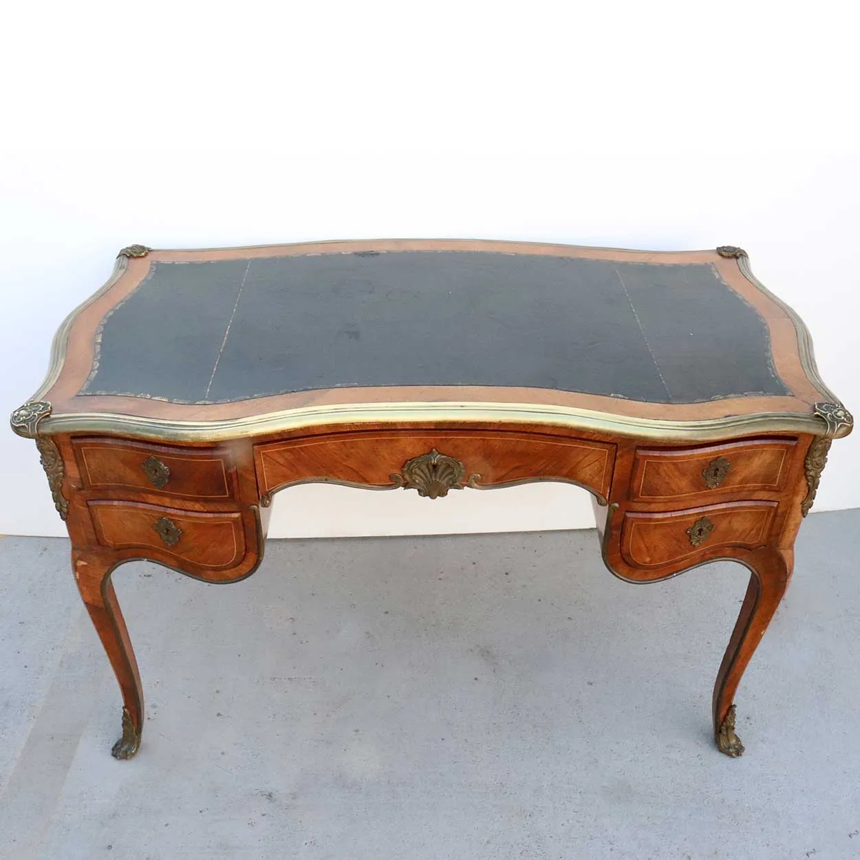 French Louis XV Style Ormolu Mounted Walnut Parquetry Writing Desk (Bureau Plat)