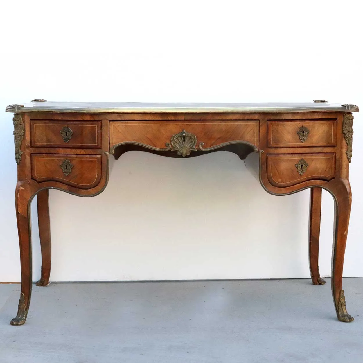 French Louis XV Style Ormolu Mounted Walnut Parquetry Writing Desk (Bureau Plat)
