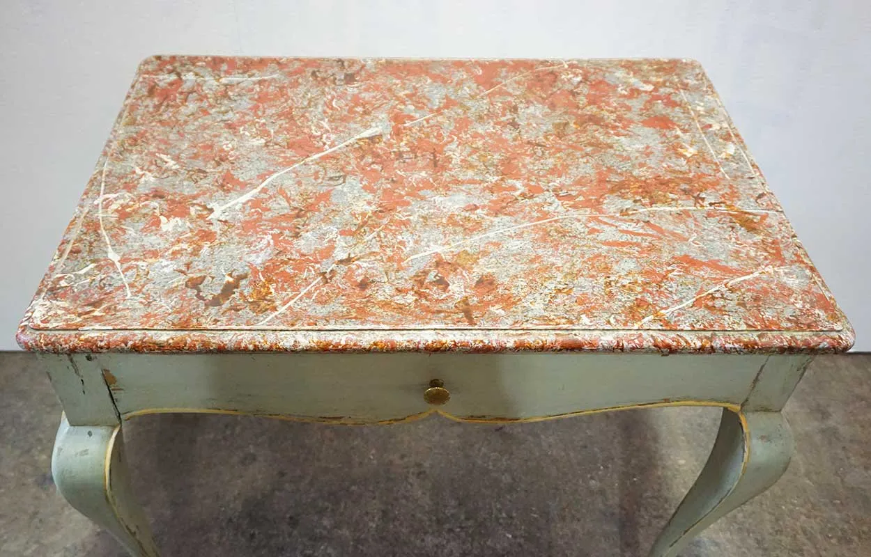 French Provincial Louis XV Style Faux Marble Painted Rectangular Side Table