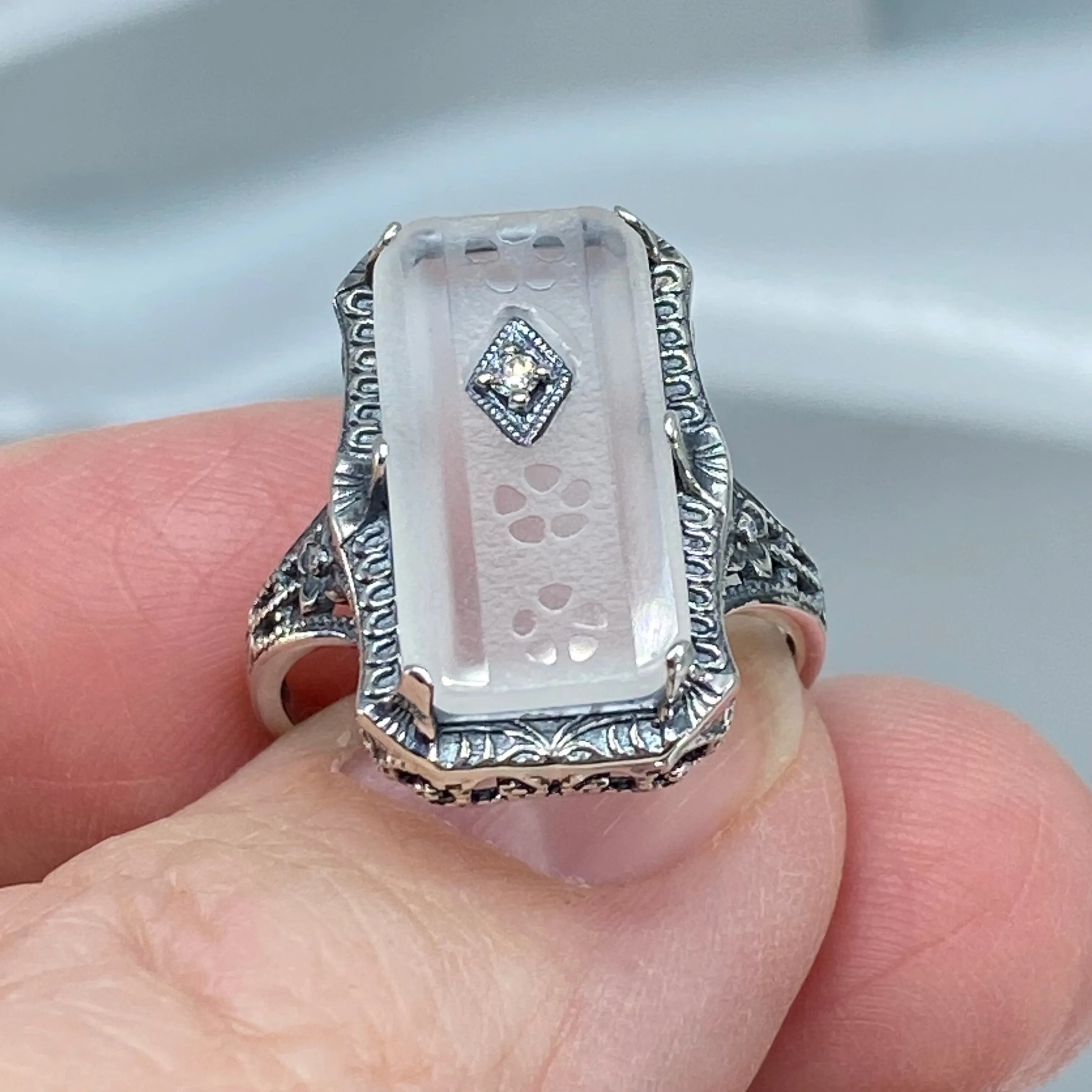 Frosted Camphor Glass Ring, 1915 Vintage style, Edwardian Jewelry #D232