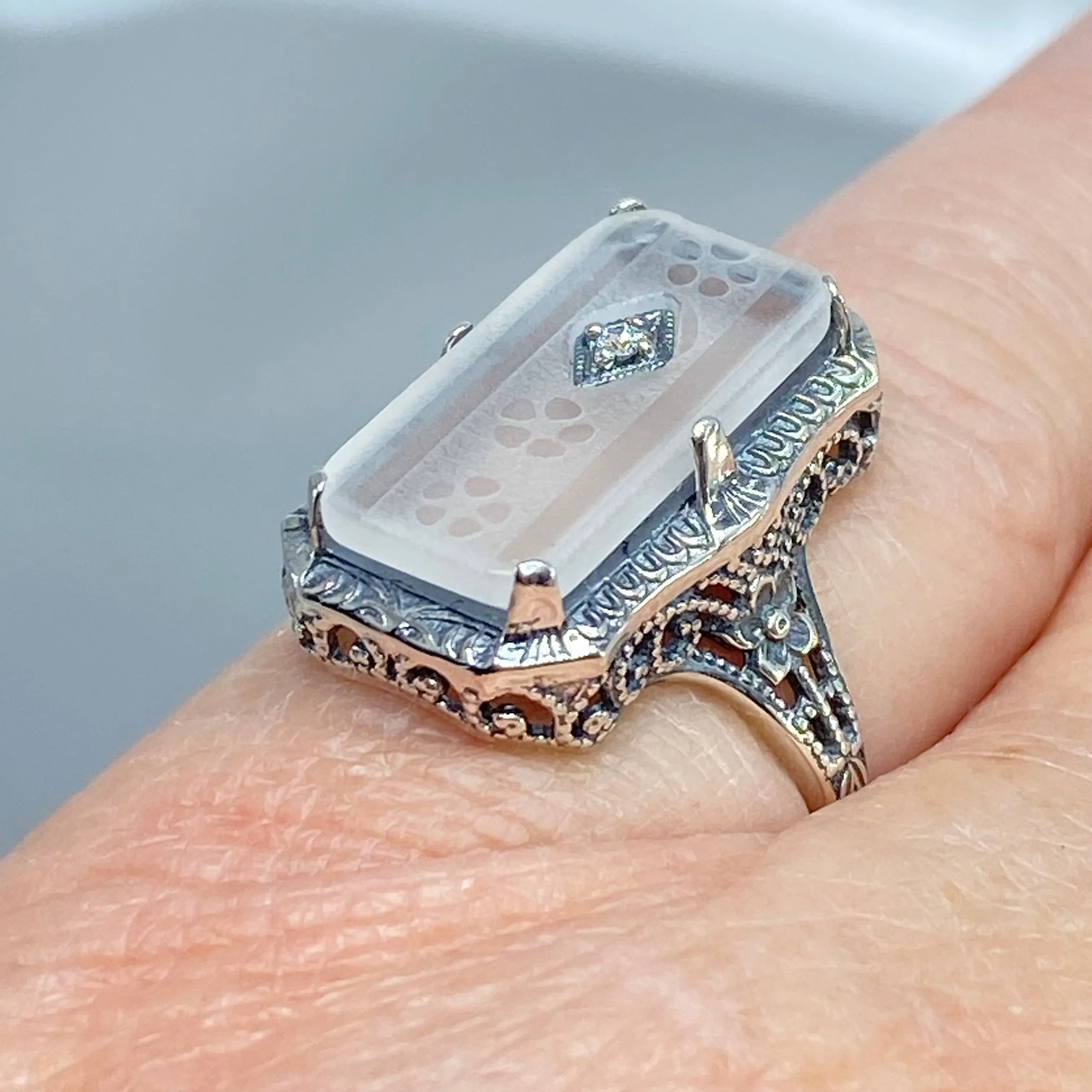 Frosted Camphor Glass Ring, 1915 Vintage style, Edwardian Jewelry #D232