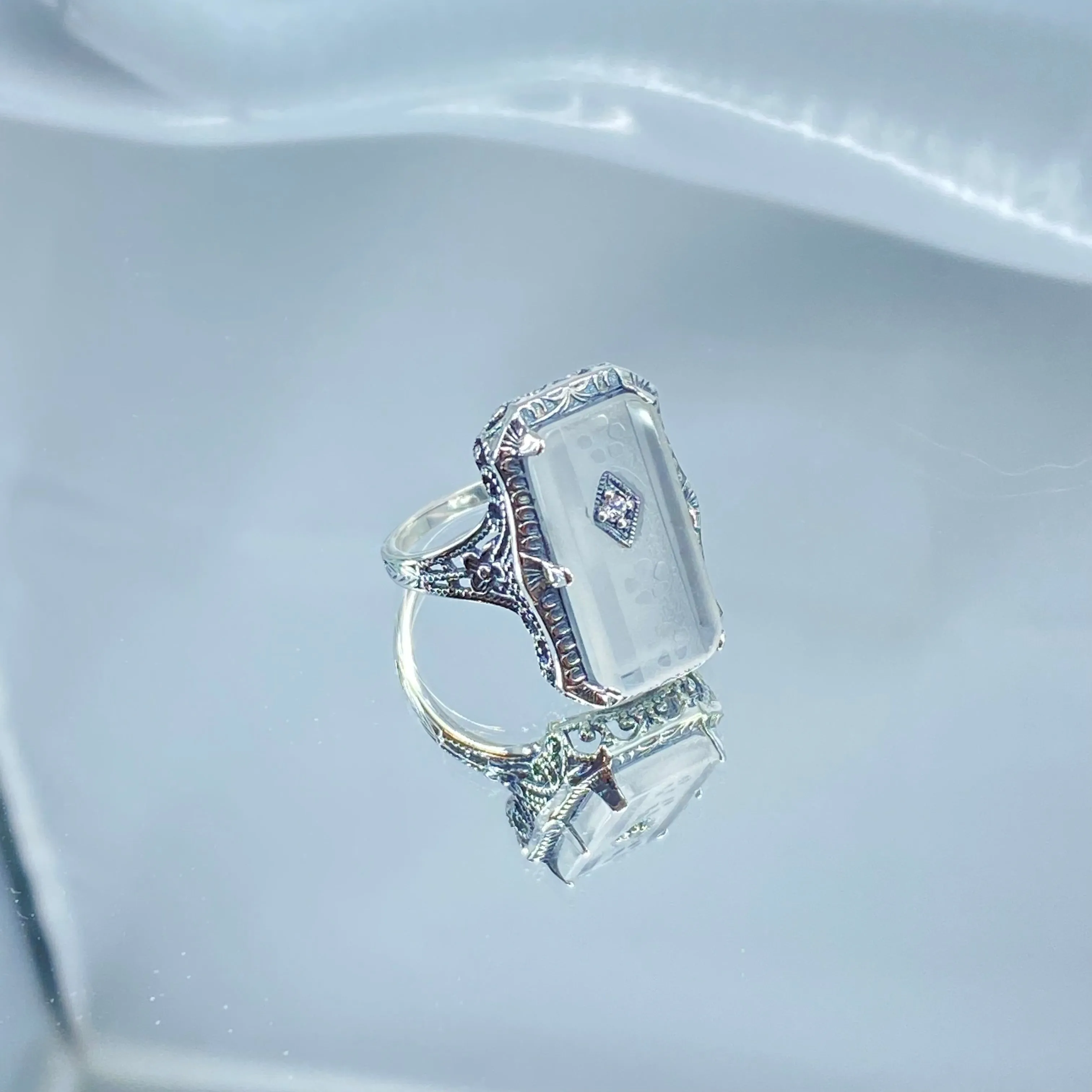 Frosted Camphor Glass Ring, 1915 Vintage style, Edwardian Jewelry #D232