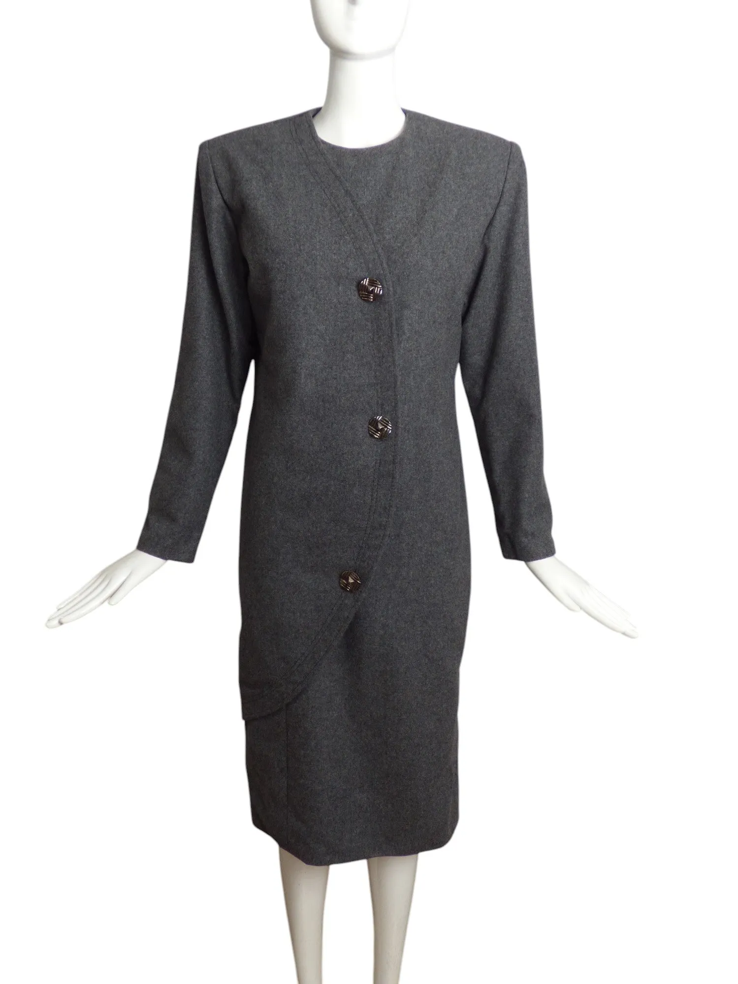 GALANOS- 1980s Grey Wool Dress, Size 10