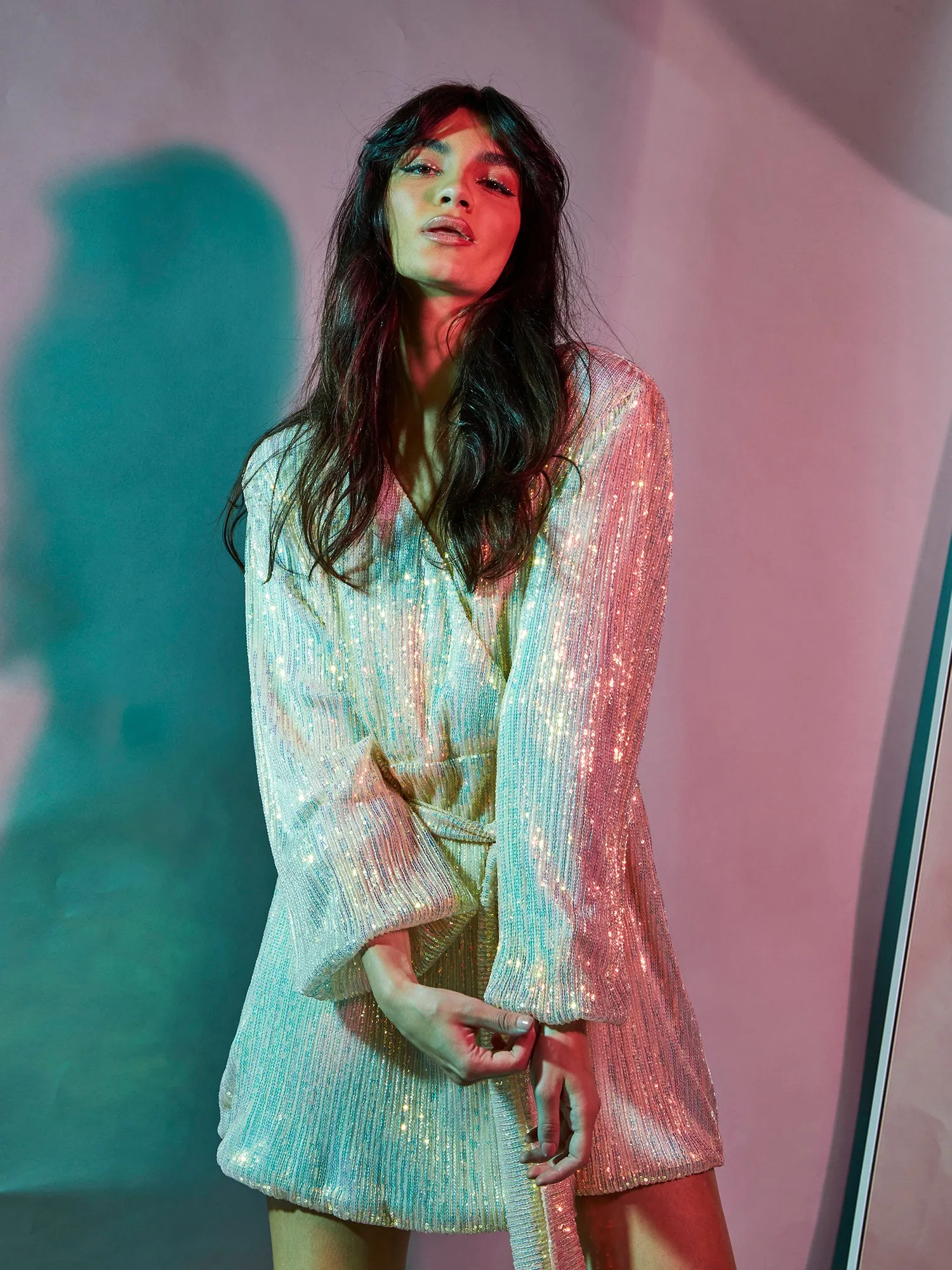 Glamorous Nude Iridescent Sequin Tie Waist Wrap Mini Dress