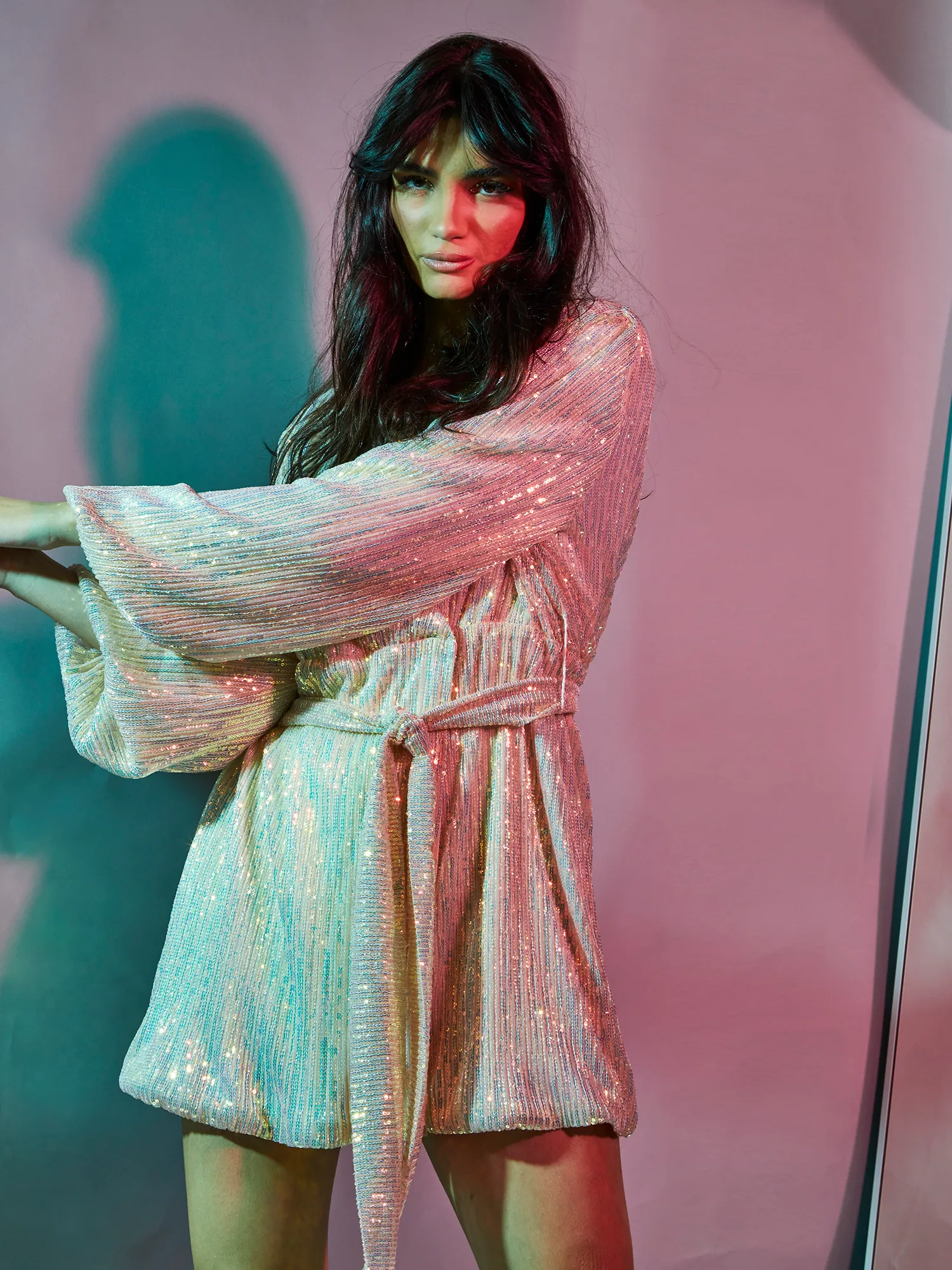 Glamorous Nude Iridescent Sequin Tie Waist Wrap Mini Dress