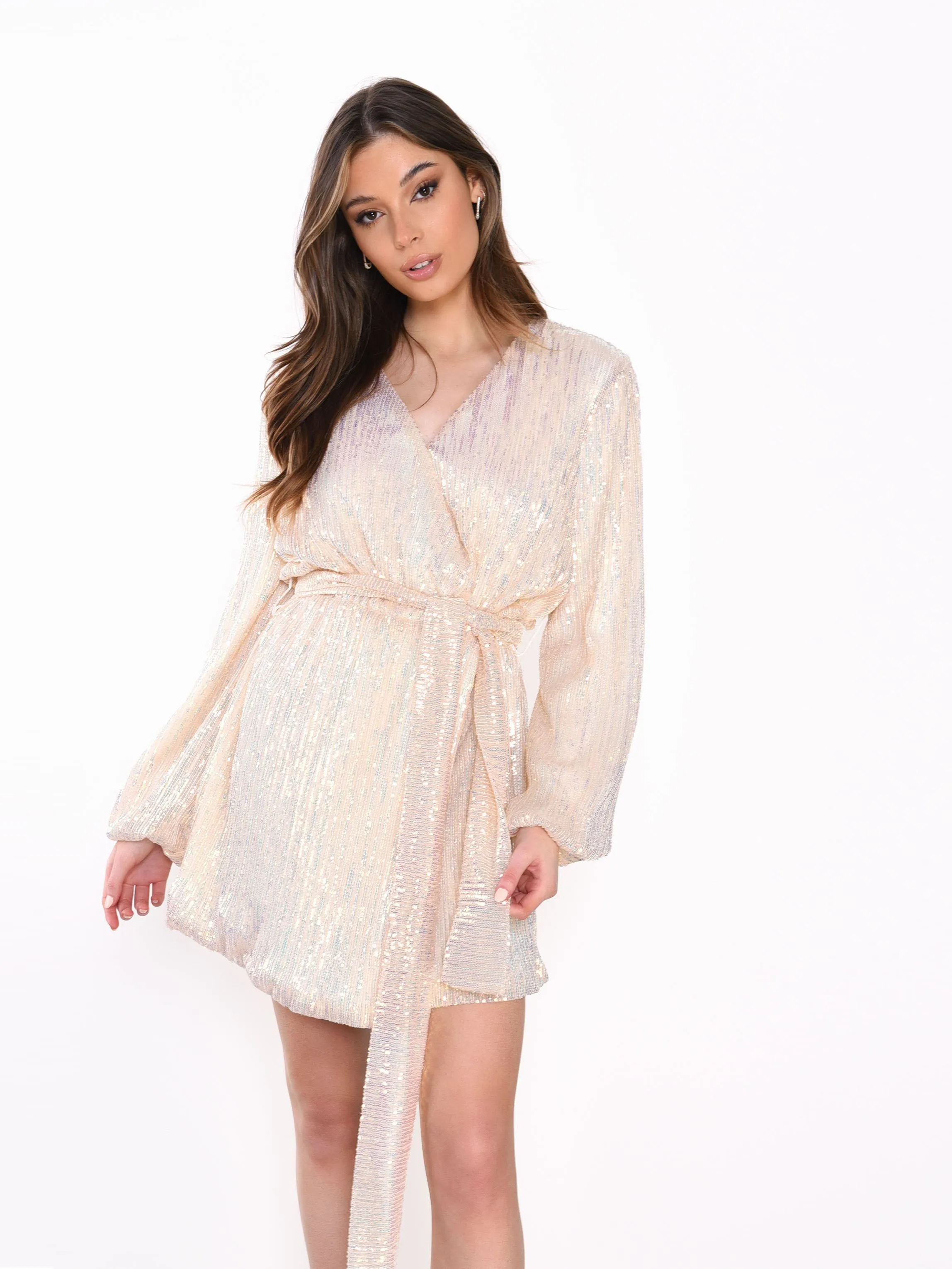 Glamorous Nude Iridescent Sequin Tie Waist Wrap Mini Dress