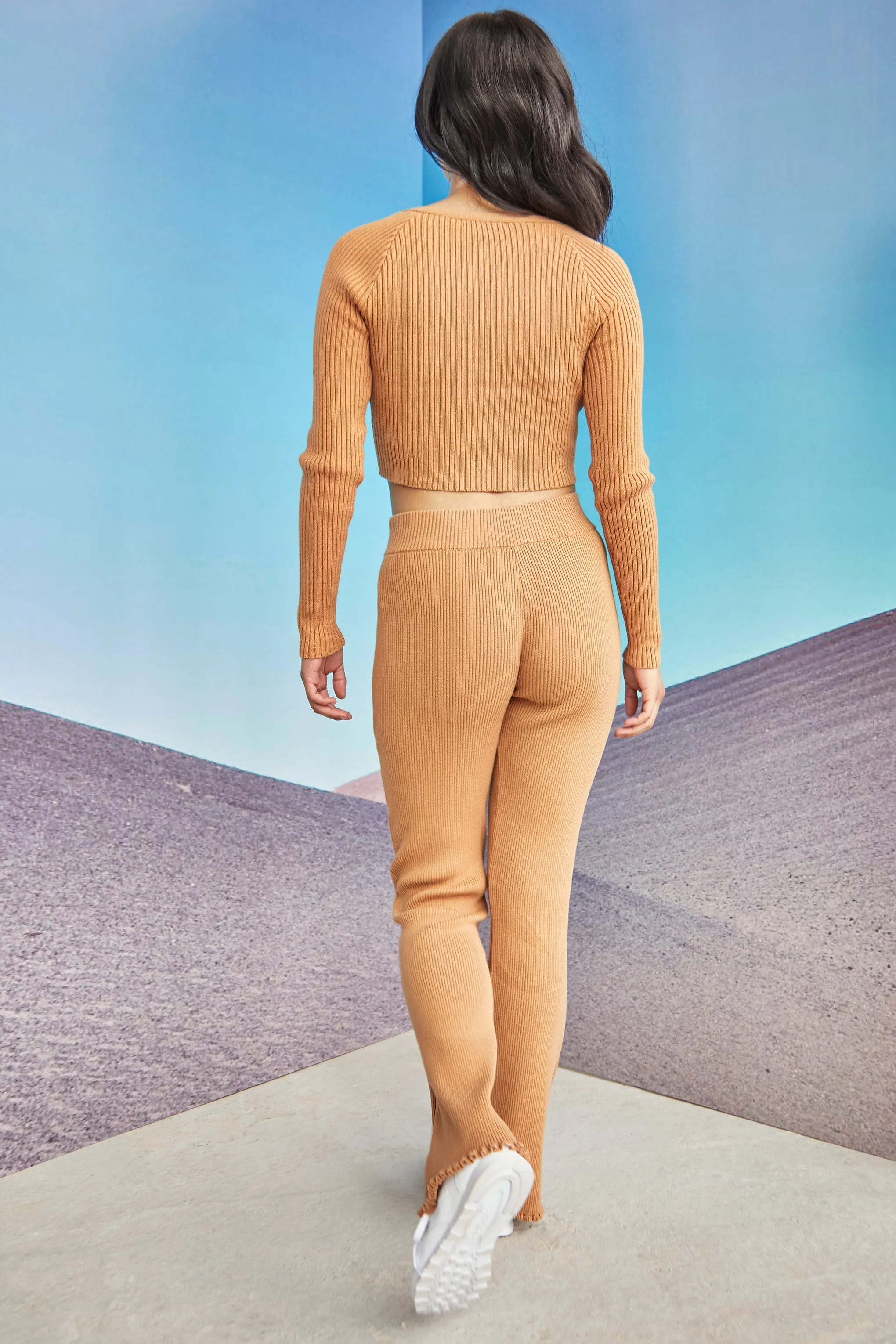 Glamorous Womens Tan Ribbed High Waisted Trousers
