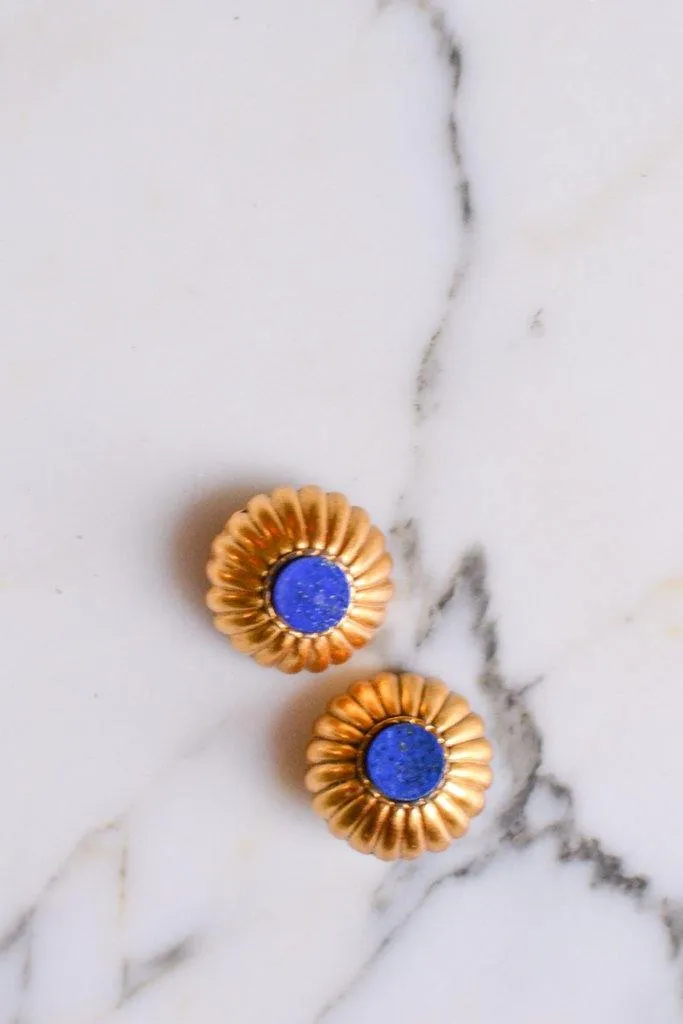 Gold and Lapis Round Medallion Earrings