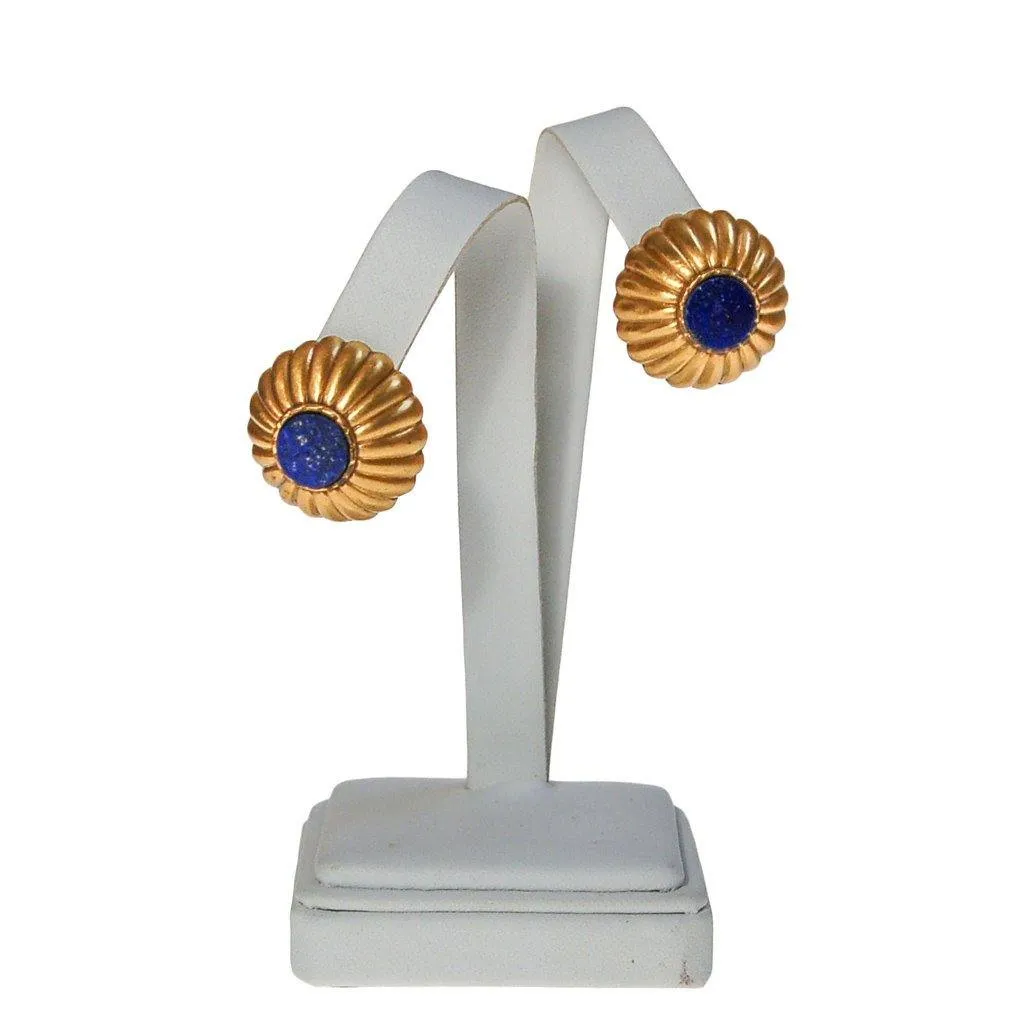 Gold and Lapis Round Medallion Earrings