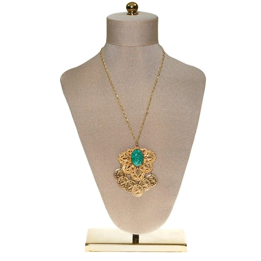 Gold Filigree Medallion Necklace, Faux Speckled Jade Cabochon, Dangling Coins, Etruscan Revival, 1970s Era, Statement Necklace