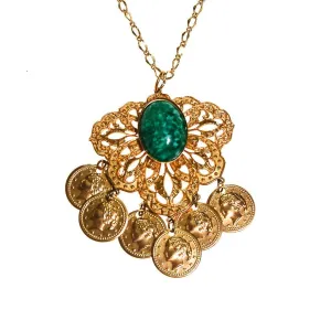 Gold Filigree Medallion Necklace, Faux Speckled Jade Cabochon, Dangling Coins, Etruscan Revival, 1970s Era, Statement Necklace