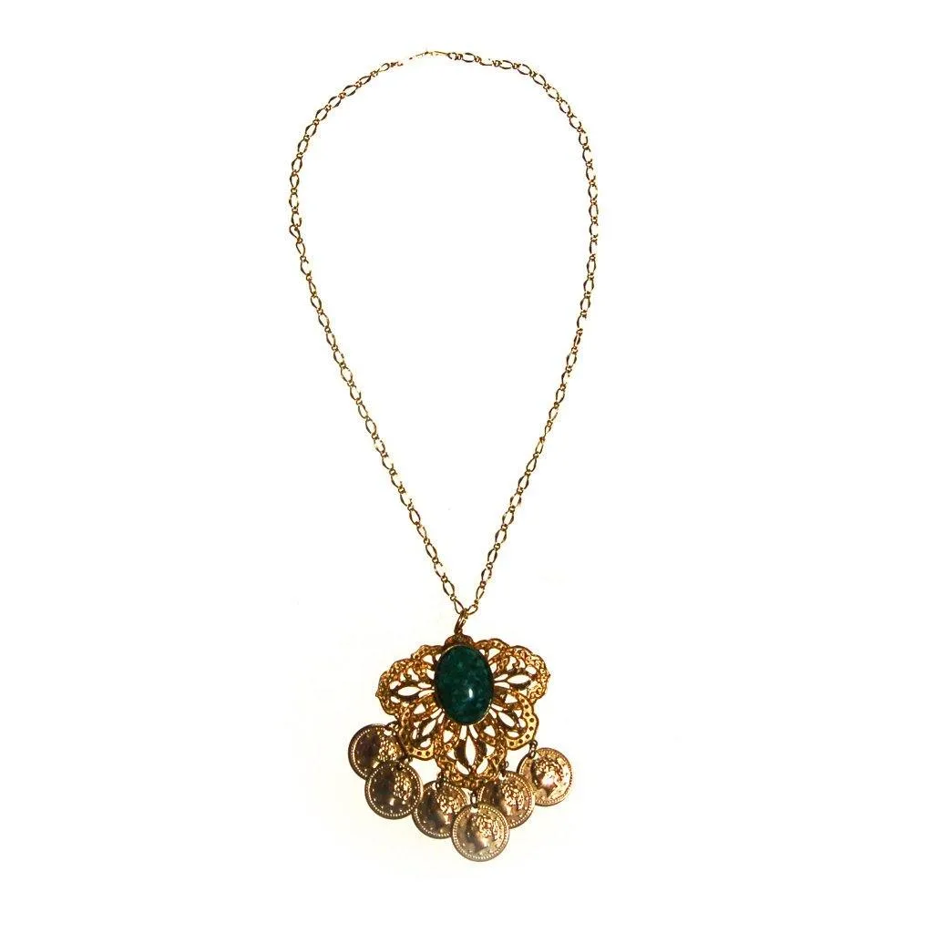 Gold Filigree Medallion Necklace, Faux Speckled Jade Cabochon, Dangling Coins, Etruscan Revival, 1970s Era, Statement Necklace