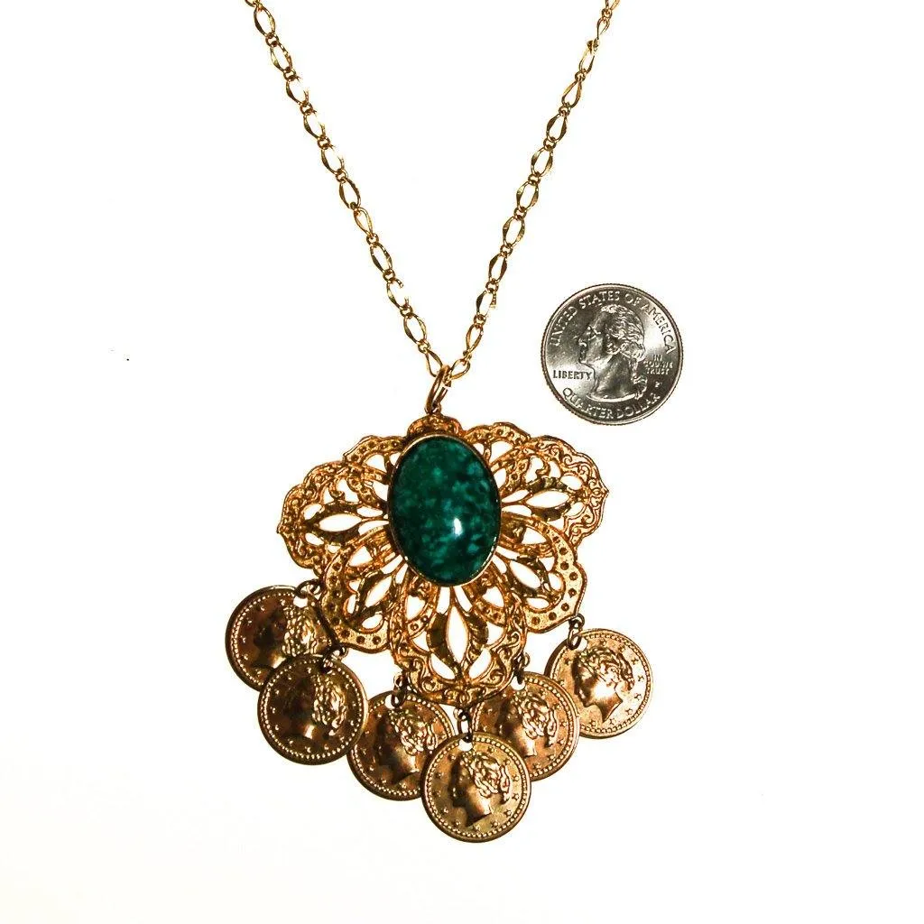 Gold Filigree Medallion Necklace, Faux Speckled Jade Cabochon, Dangling Coins, Etruscan Revival, 1970s Era, Statement Necklace