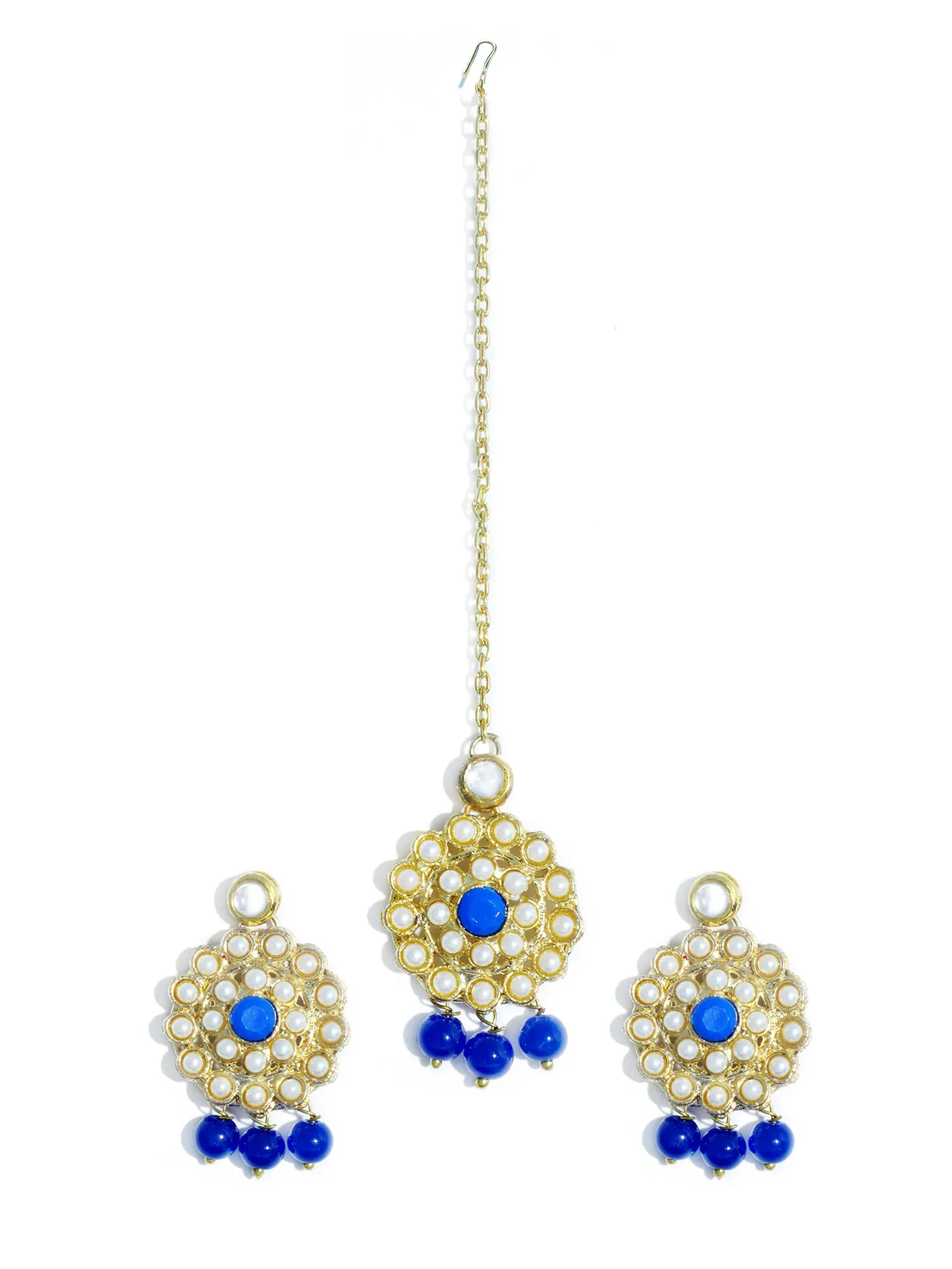 Gold Plated Blue Beads Kundan Dangler Earrings with Maangtikka for Women