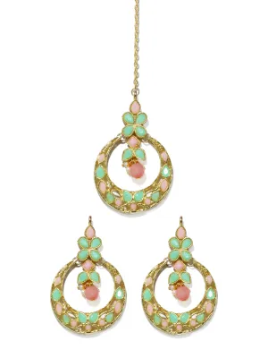 Gold Plated Peach and Mint Green Kundan Chnadbali Earrings with Maangtikka
