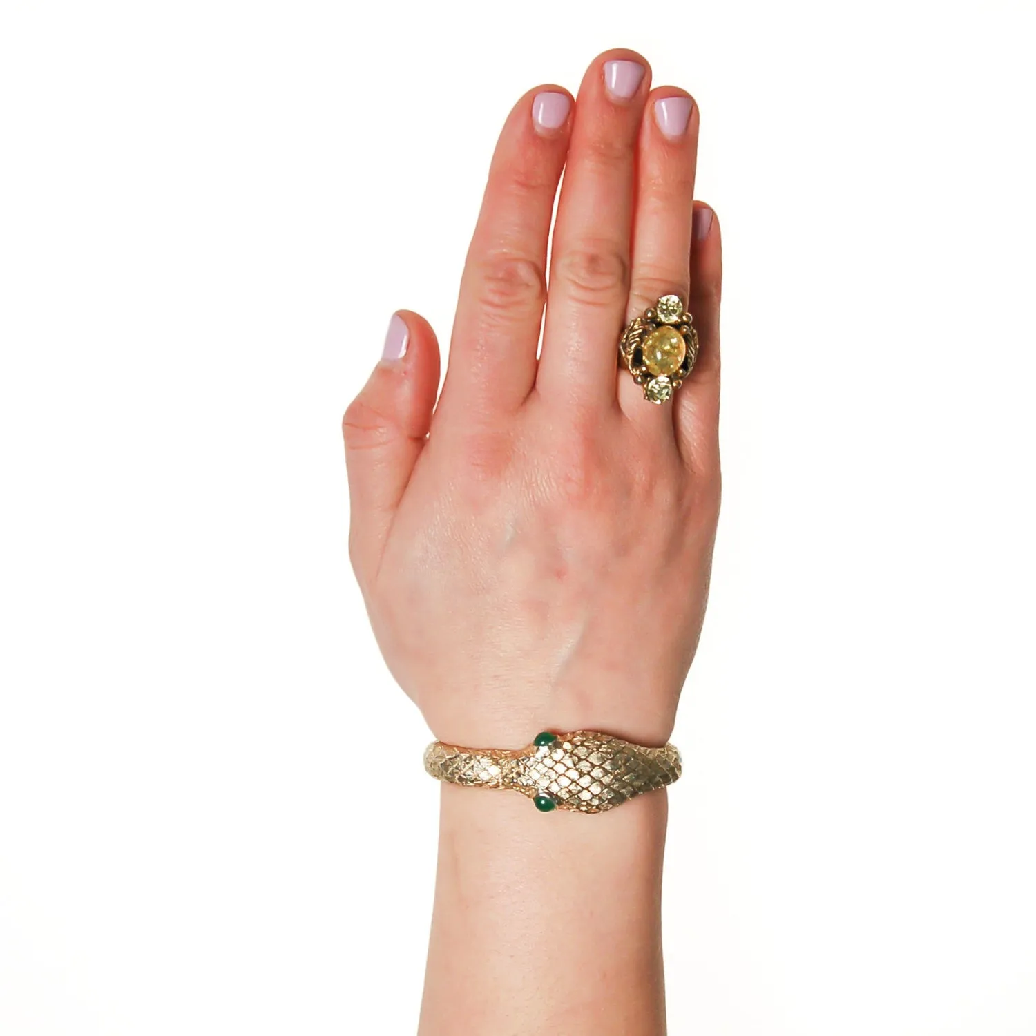 Gold Snake Bracelet with Emerald Green Eyes