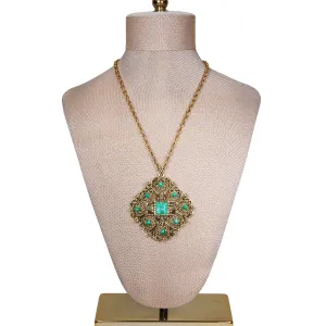 Gold Tone Etruscan Revival Goddess Necklace with Faux Peking Glass Cabochon Accents