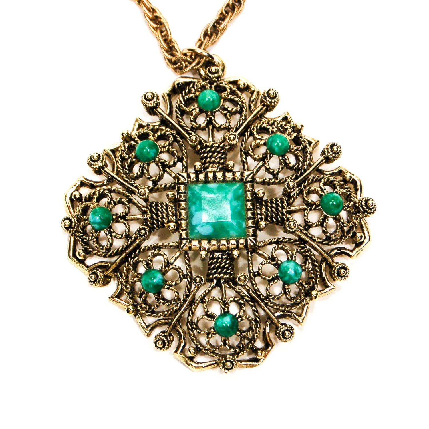 Gold Tone Etruscan Revival Goddess Necklace with Faux Peking Glass Cabochon Accents
