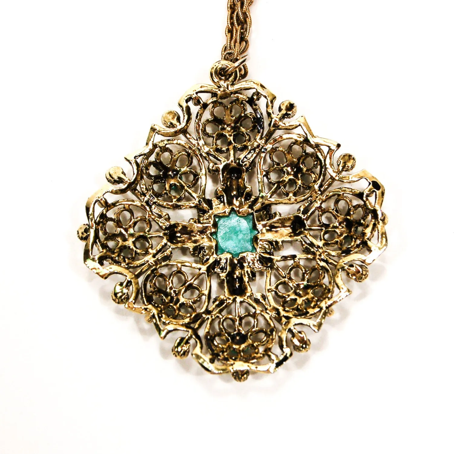 Gold Tone Etruscan Revival Goddess Necklace with Faux Peking Glass Cabochon Accents