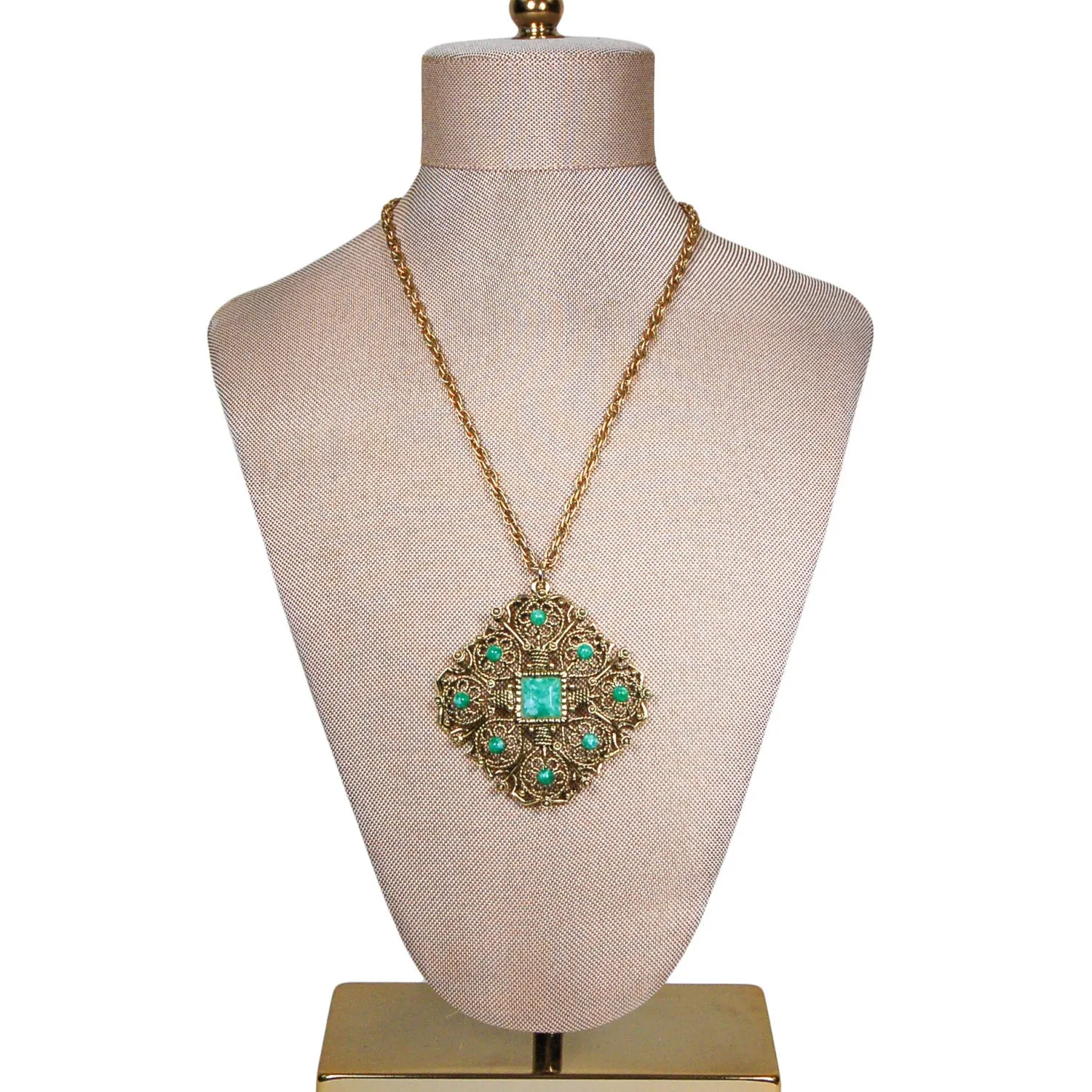 Gold Tone Etruscan Revival Goddess Necklace with Faux Peking Glass Cabochon Accents