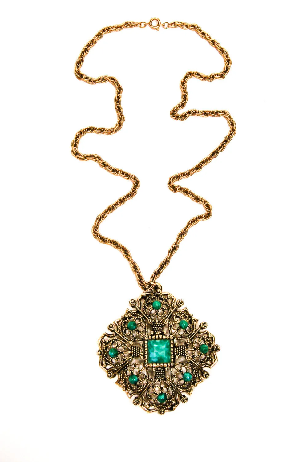 Gold Tone Etruscan Revival Goddess Necklace with Faux Peking Glass Cabochon Accents