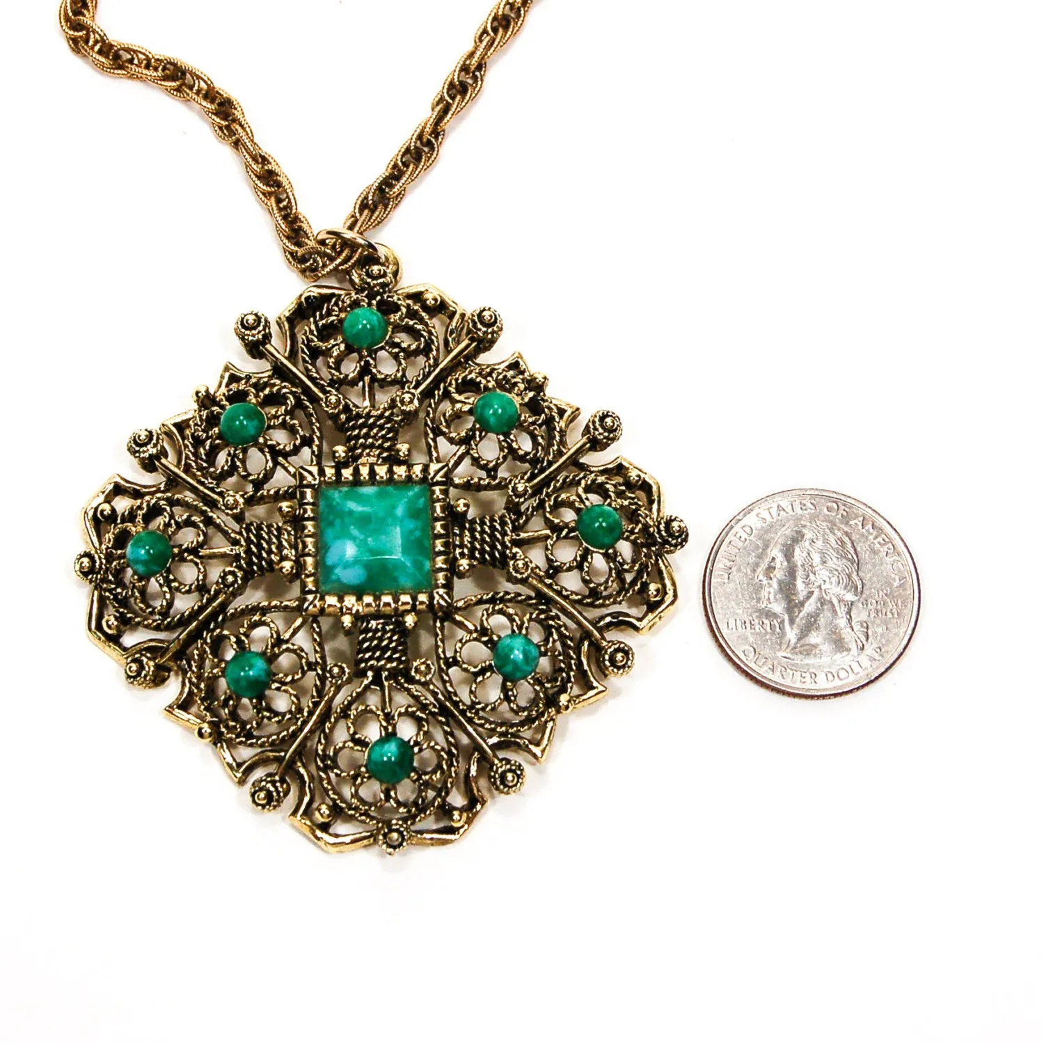 Gold Tone Etruscan Revival Goddess Necklace with Faux Peking Glass Cabochon Accents