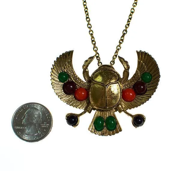 Gold tone Tutankhamun Winged Falcon Scarab Statement Necklace