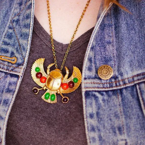 Gold tone Tutankhamun Winged Falcon Scarab Statement Necklace