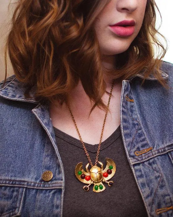 Gold tone Tutankhamun Winged Falcon Scarab Statement Necklace