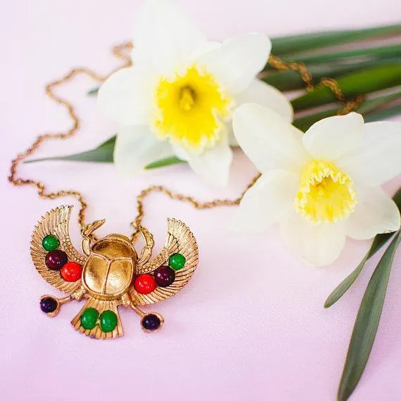 Gold tone Tutankhamun Winged Falcon Scarab Statement Necklace