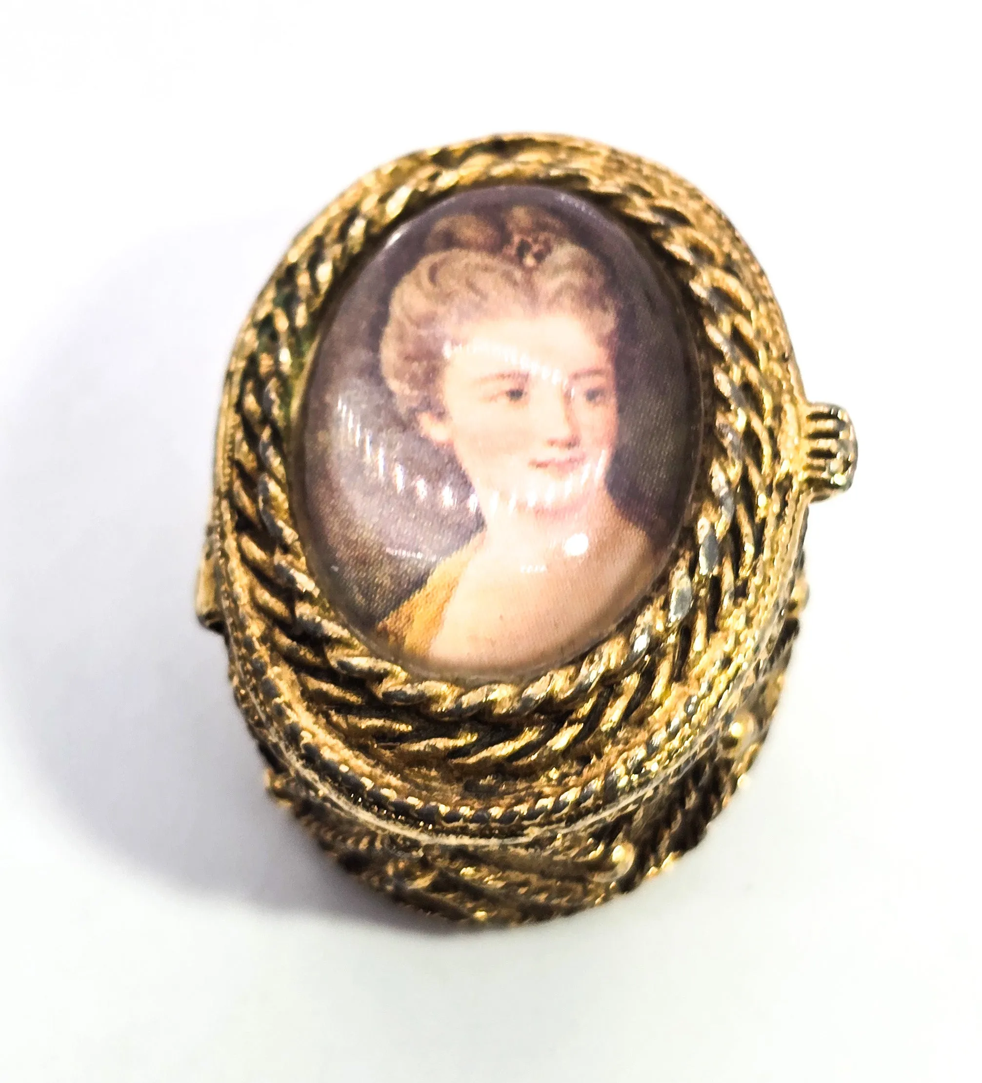 Golden Victorian Revival ornate snuff box  cameo lady portrait miniature trinket ring box