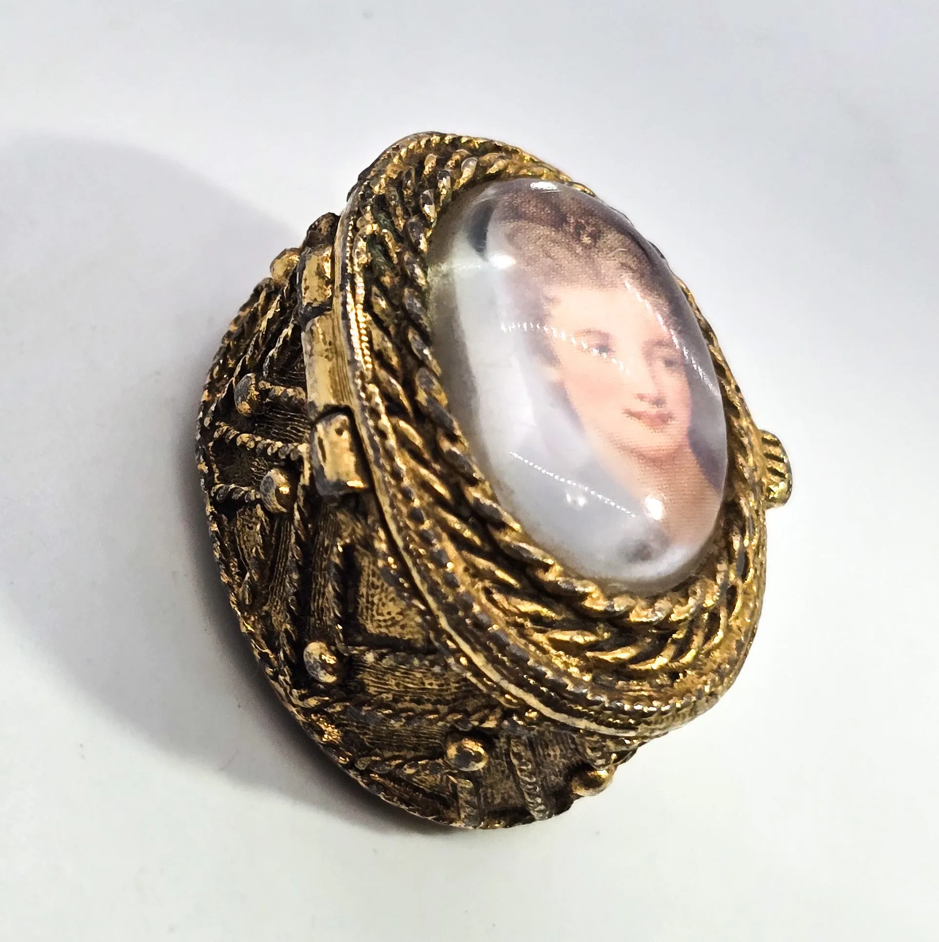 Golden Victorian Revival ornate snuff box  cameo lady portrait miniature trinket ring box