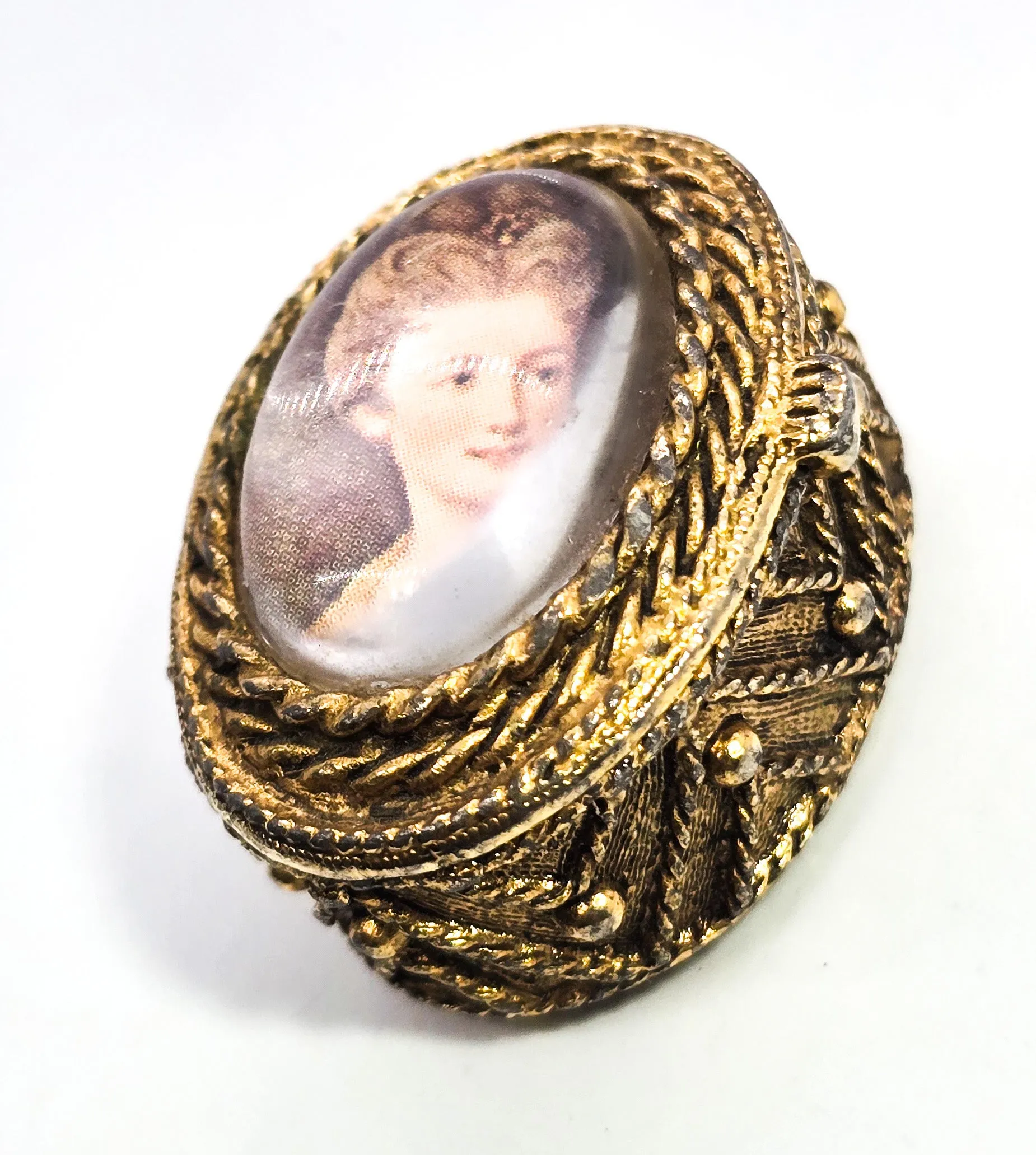 Golden Victorian Revival ornate snuff box  cameo lady portrait miniature trinket ring box