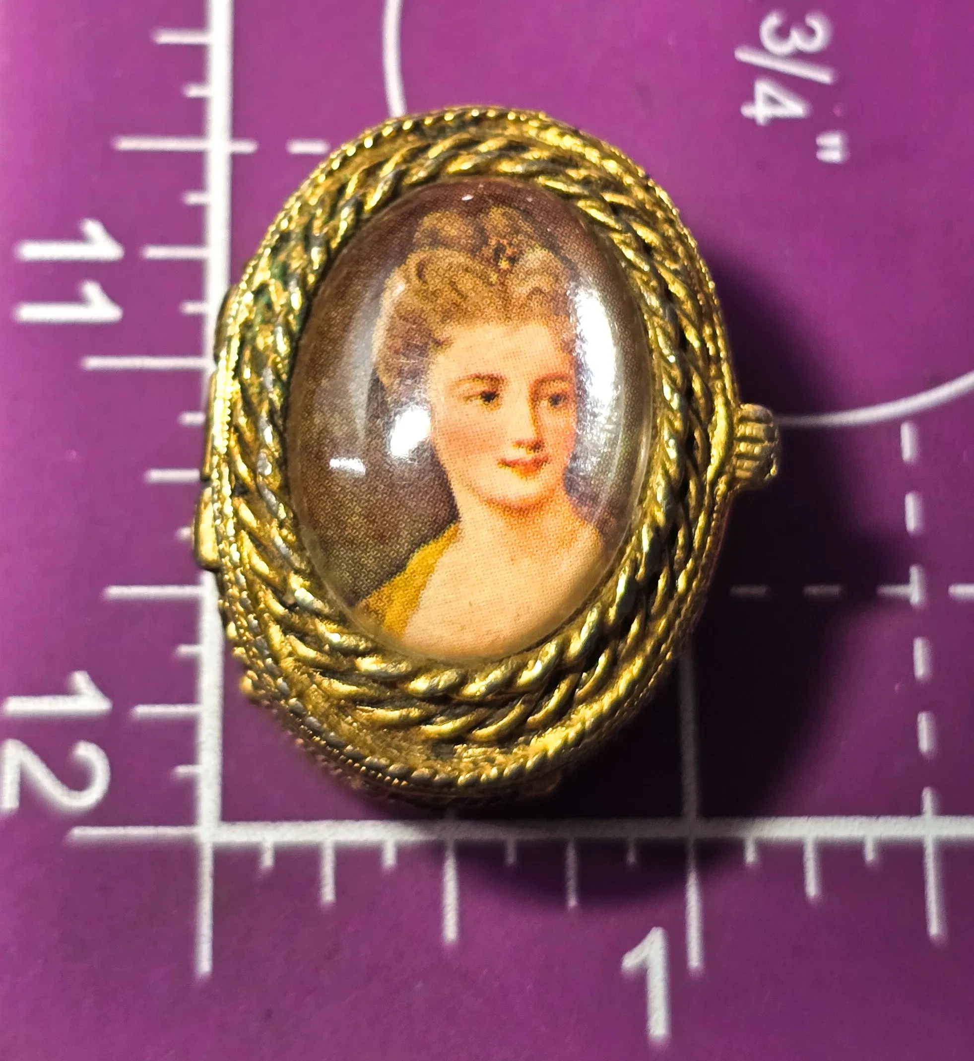 Golden Victorian Revival ornate snuff box  cameo lady portrait miniature trinket ring box
