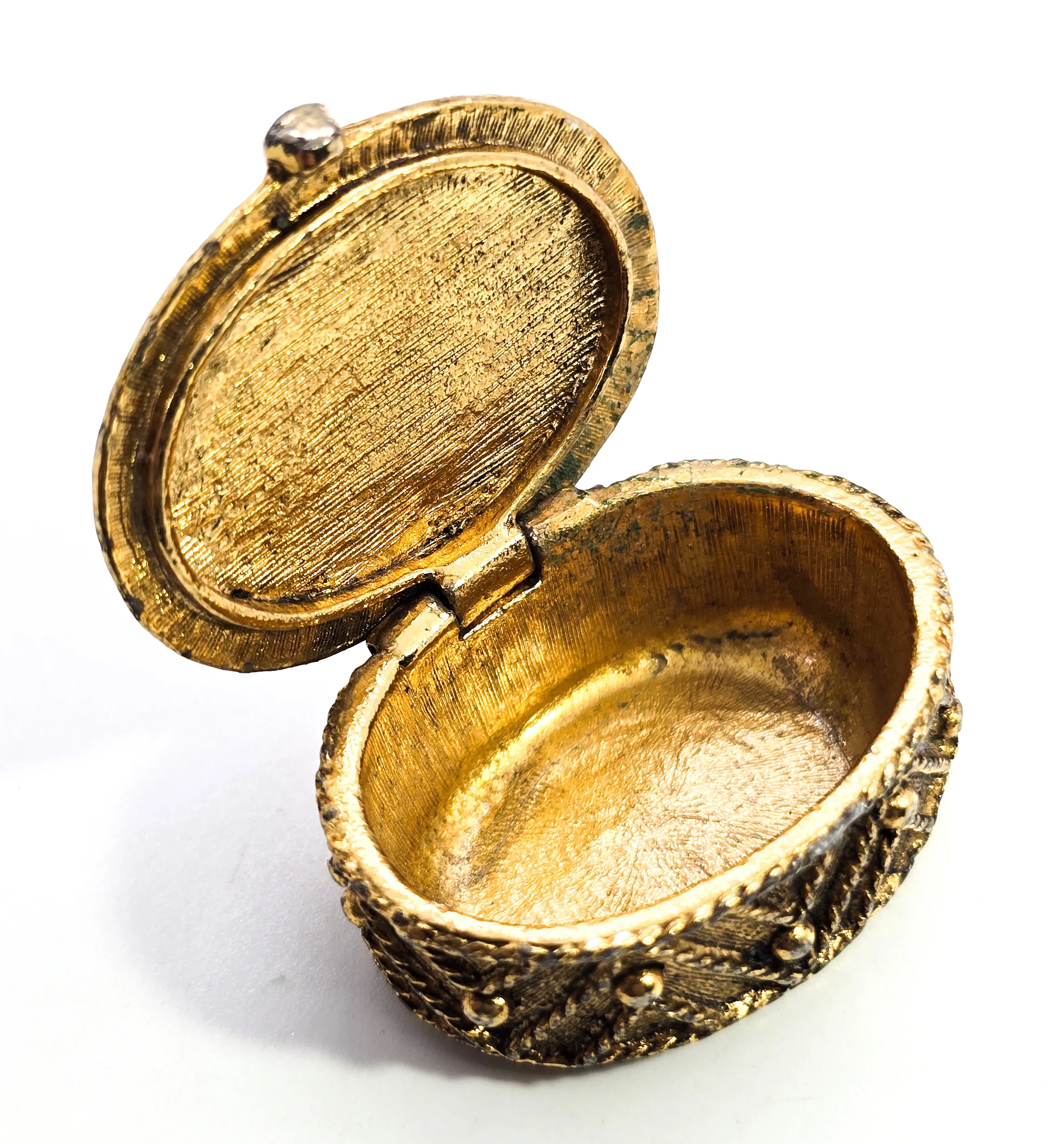 Golden Victorian Revival ornate snuff box  cameo lady portrait miniature trinket ring box