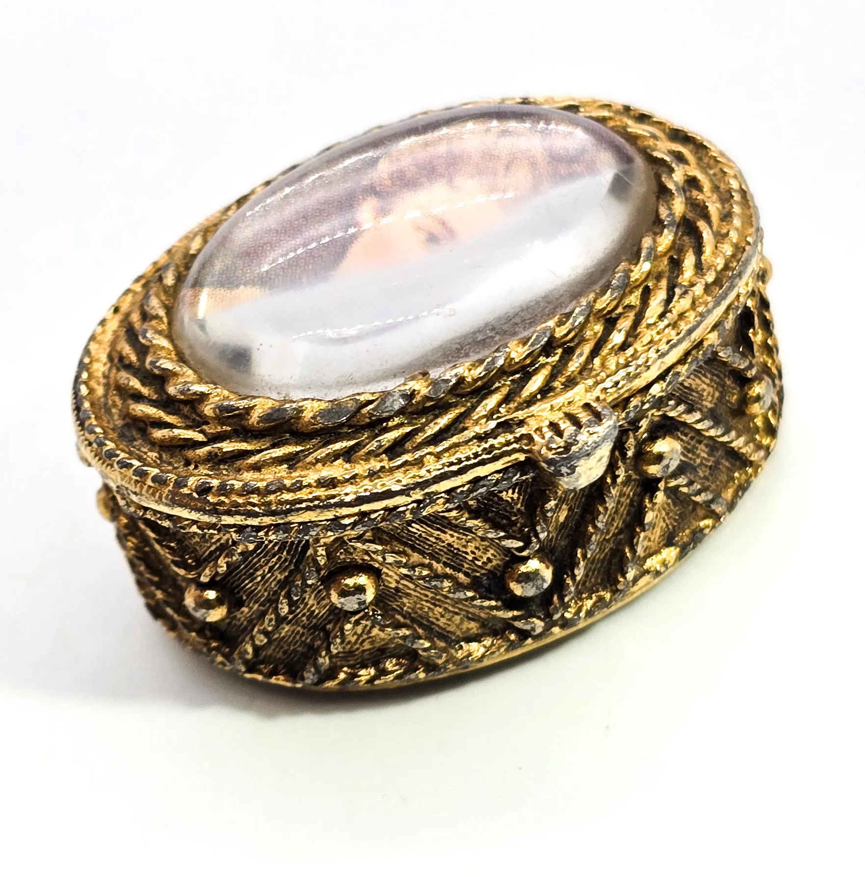 Golden Victorian Revival ornate snuff box  cameo lady portrait miniature trinket ring box
