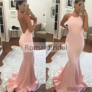 Gorgeous Pink Sleeveless Mermaid Halter Backless Glamorous party dress, long Prom Dress, PD0433